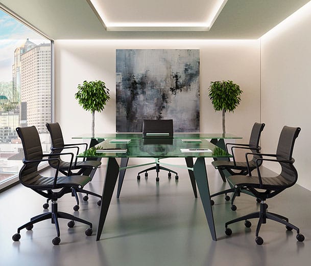 Buro Diablo chairs around a glass boardroom table in high rise office scene