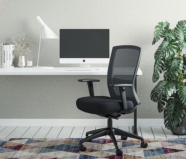 Rendering of a Buro Mentor mesh back ergonomic chair in a home office scene