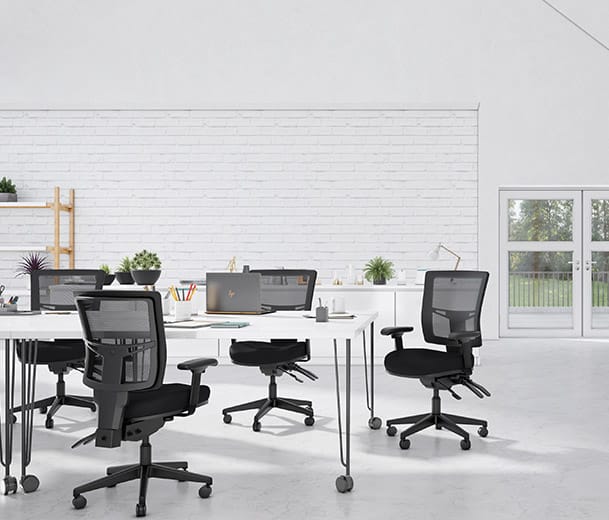 Rendered scene view of Buro Metro II chairs in a white, open plan office space