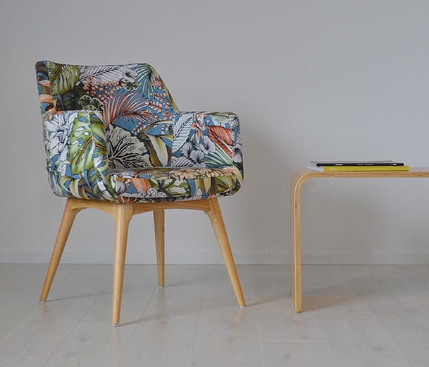 Konfurb Hady visitor chair in bright tropical upholstery