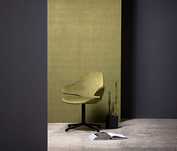 konfurb orbit chair with pedestal base in olive fabric