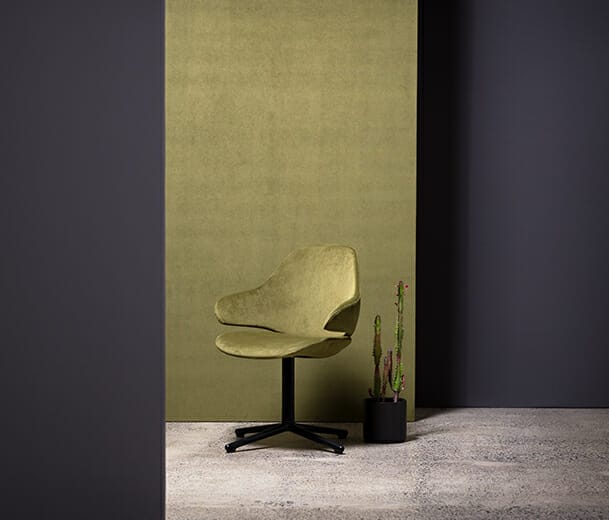 konfurb orbit chair with pedestal base in olive fabric