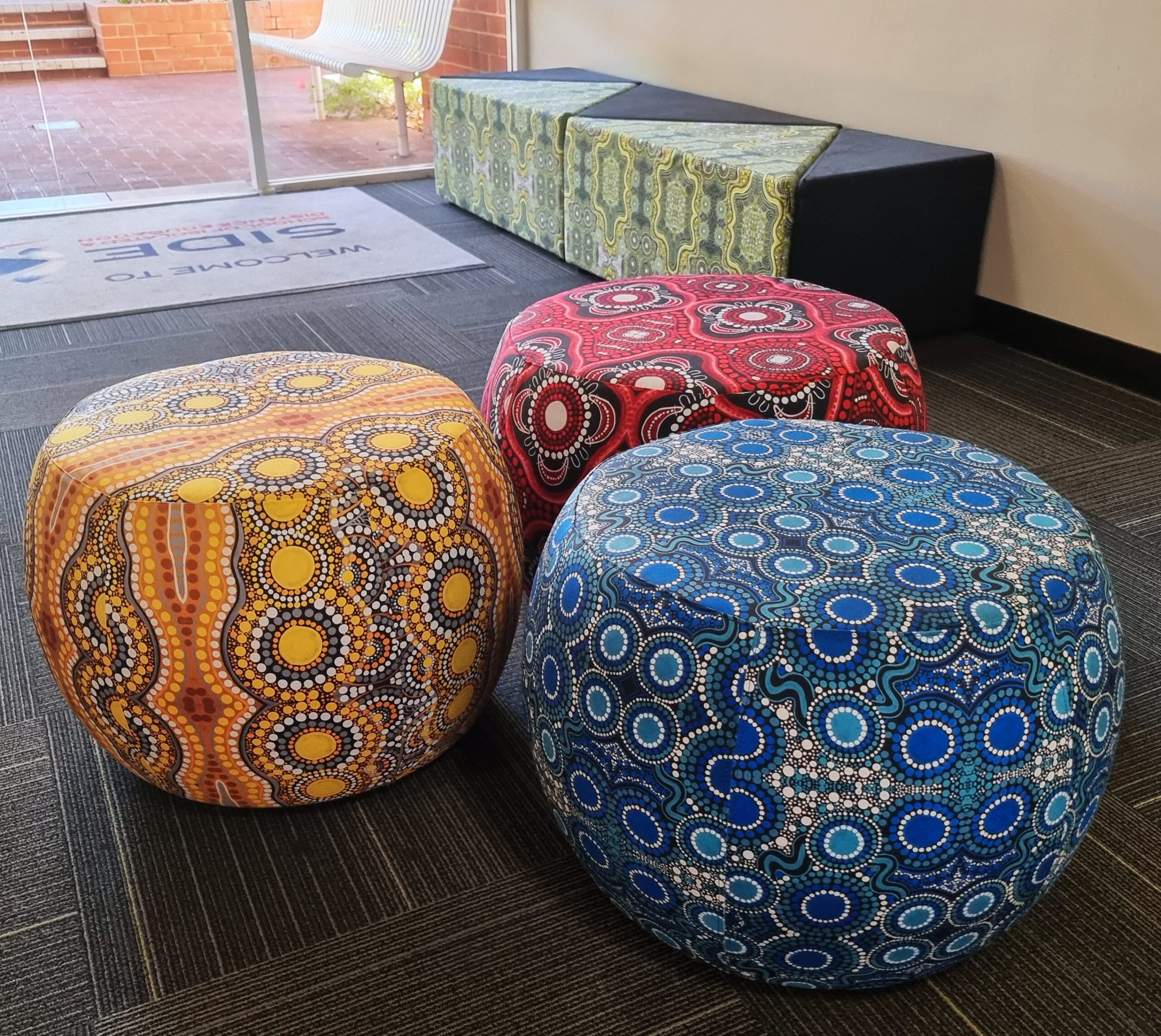 konfurb halo ottomans in indigenous fabric