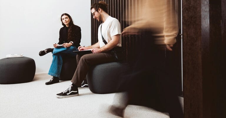 konfurb gem ottomans in casual workspace